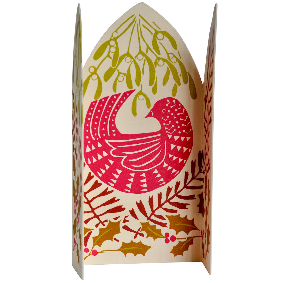 Decorative box with a bird design and holly leaves on a white background