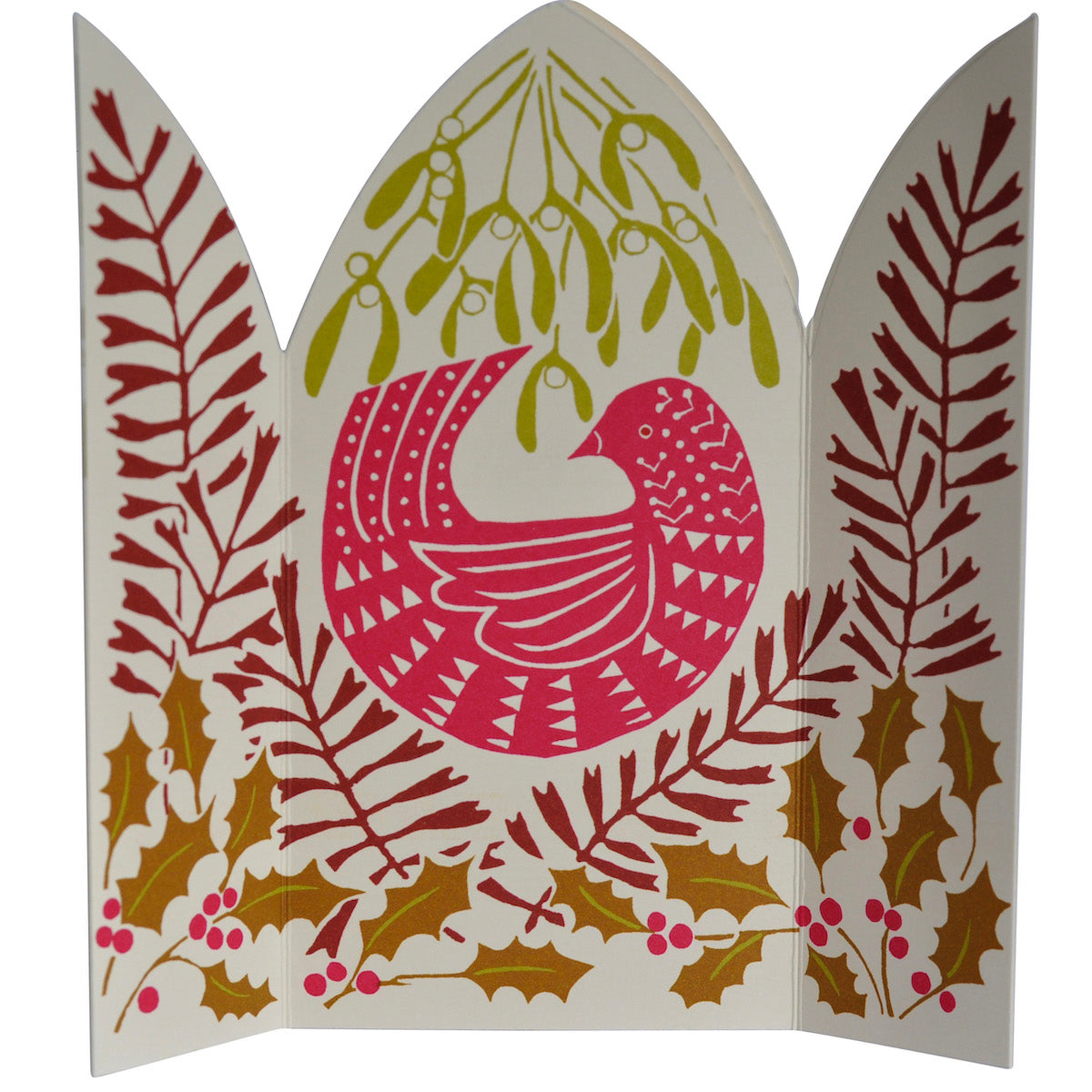 Decorative screen with a pink bird design and holly leaves on a white background