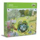 Jigsaw puzzle box with a garden scene featuring a pond, flowers, and butterflies.