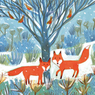 Two foxes in a snowy forest with trees and birds.