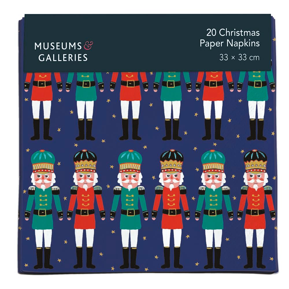 Pack of 20 Christmas paper napkins with nutcracker design on a blue background.