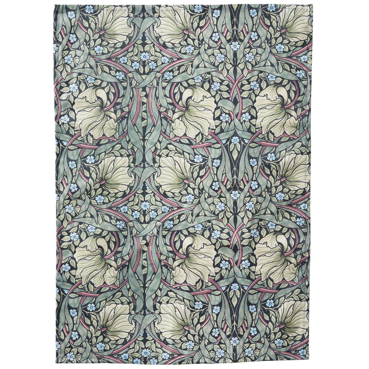 Floral patterned fabric with a green and beige design on a white background