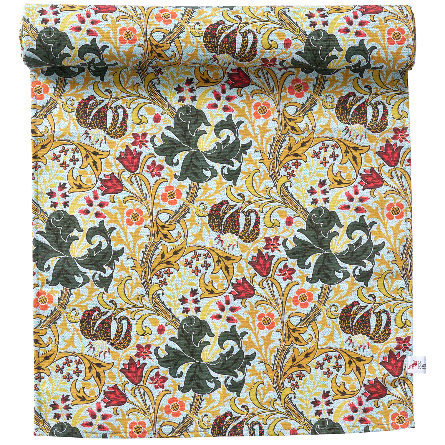 Roll of fabric with intricate floral and leaf pattern on a white background