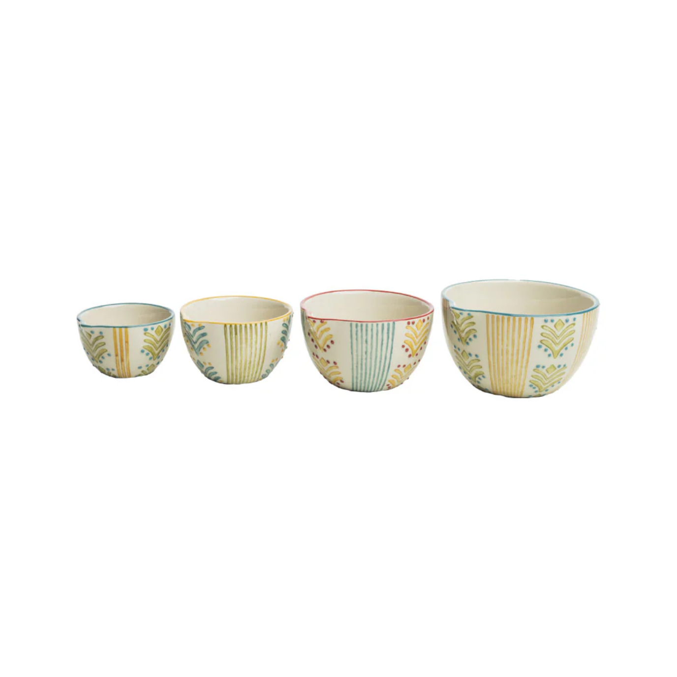 Set of four decorative jugs with striped patterns on a white background