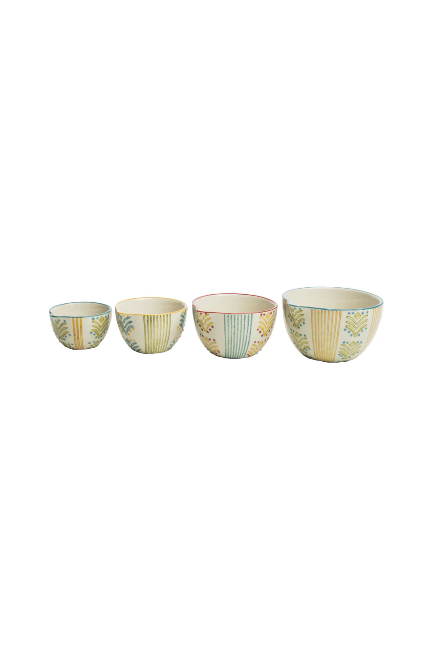 Set of four decorative jugs with striped patterns on a white background