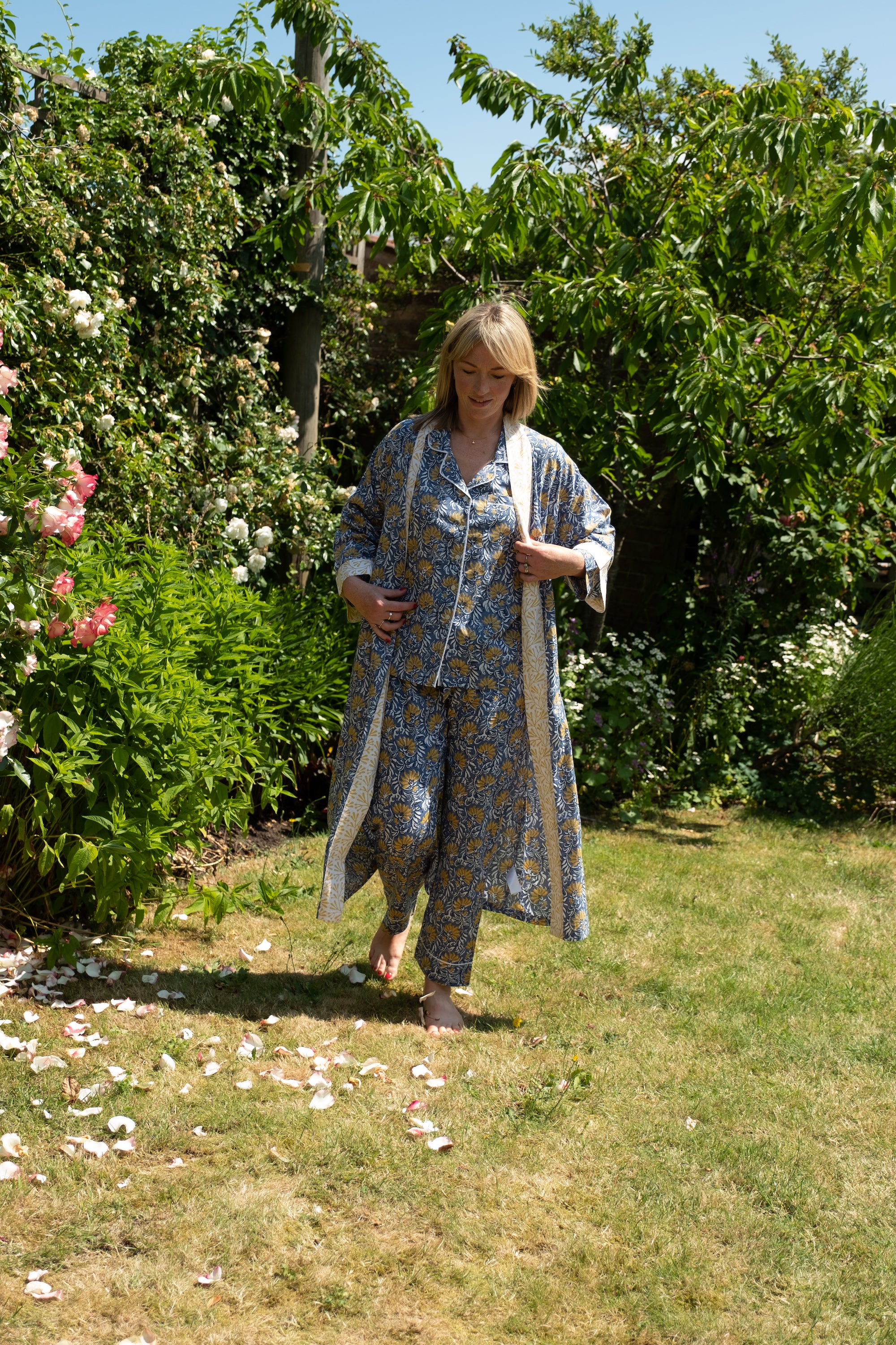 Full Length Cotton Kimono - Jaipur Blue & Yellow