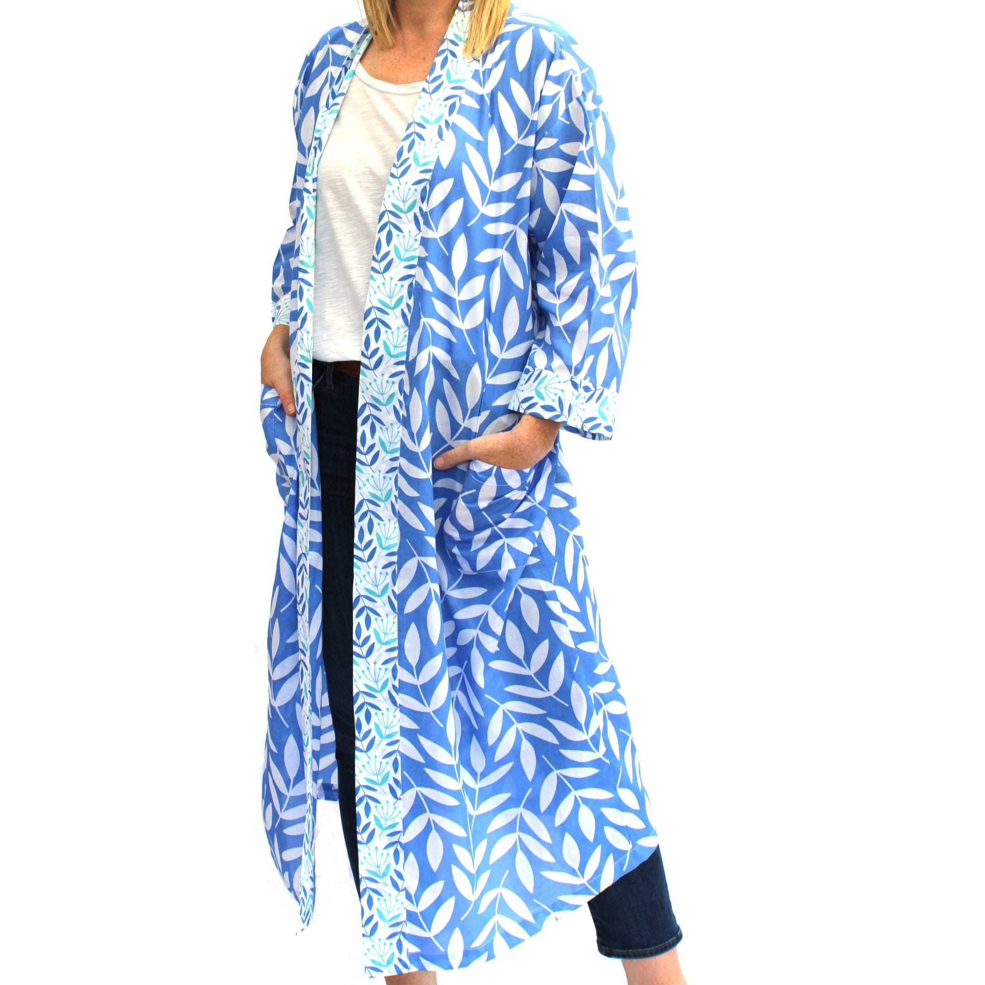 Full Length Cotton Kimono - Large Leaf China Blue