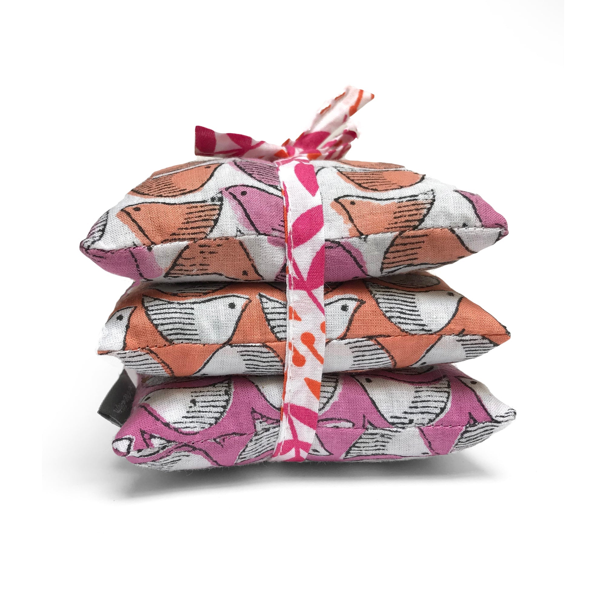Stack of 3 Square Lavender Sachets - Pink and Orange Birds