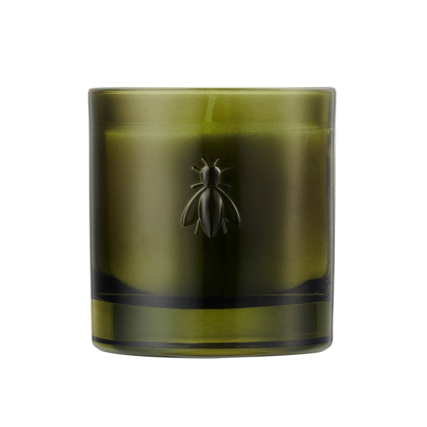 Green glass candle with a bee emblem on a white background