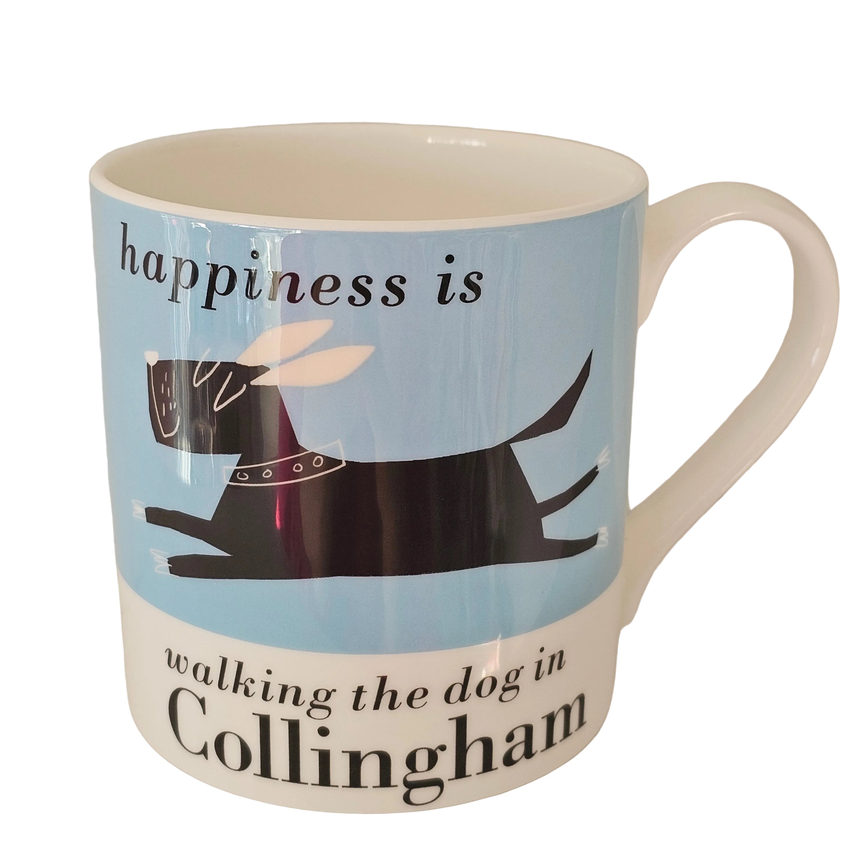 Mug with a dog illustration and text on a light blue background