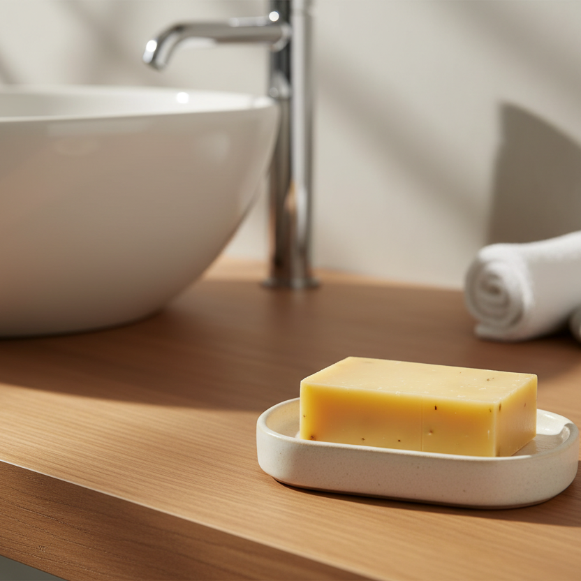 Yellow bar of soap on a white soap dish in a bathroom setting with a sink and towel.
