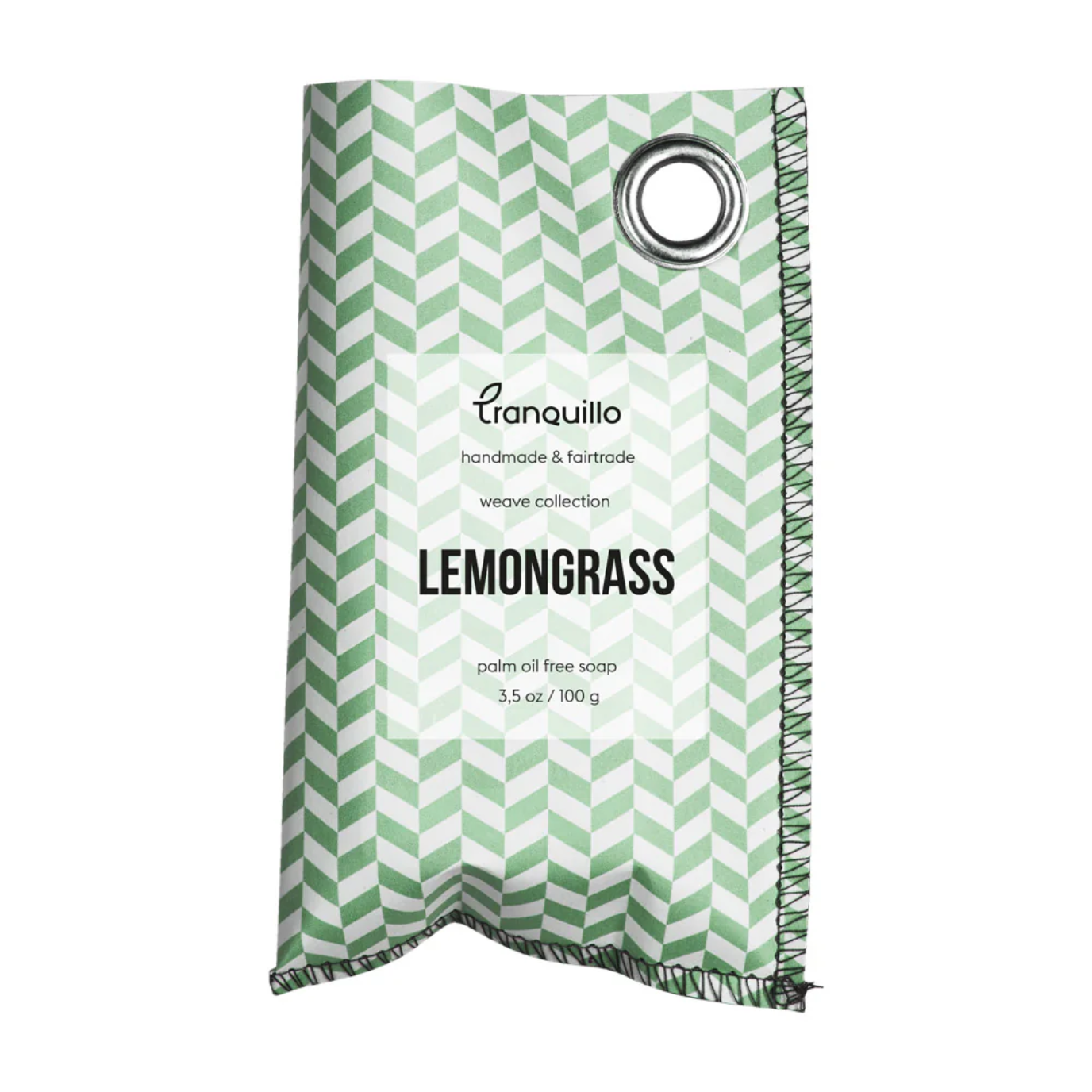 Packaged soap with green and white design on a white background