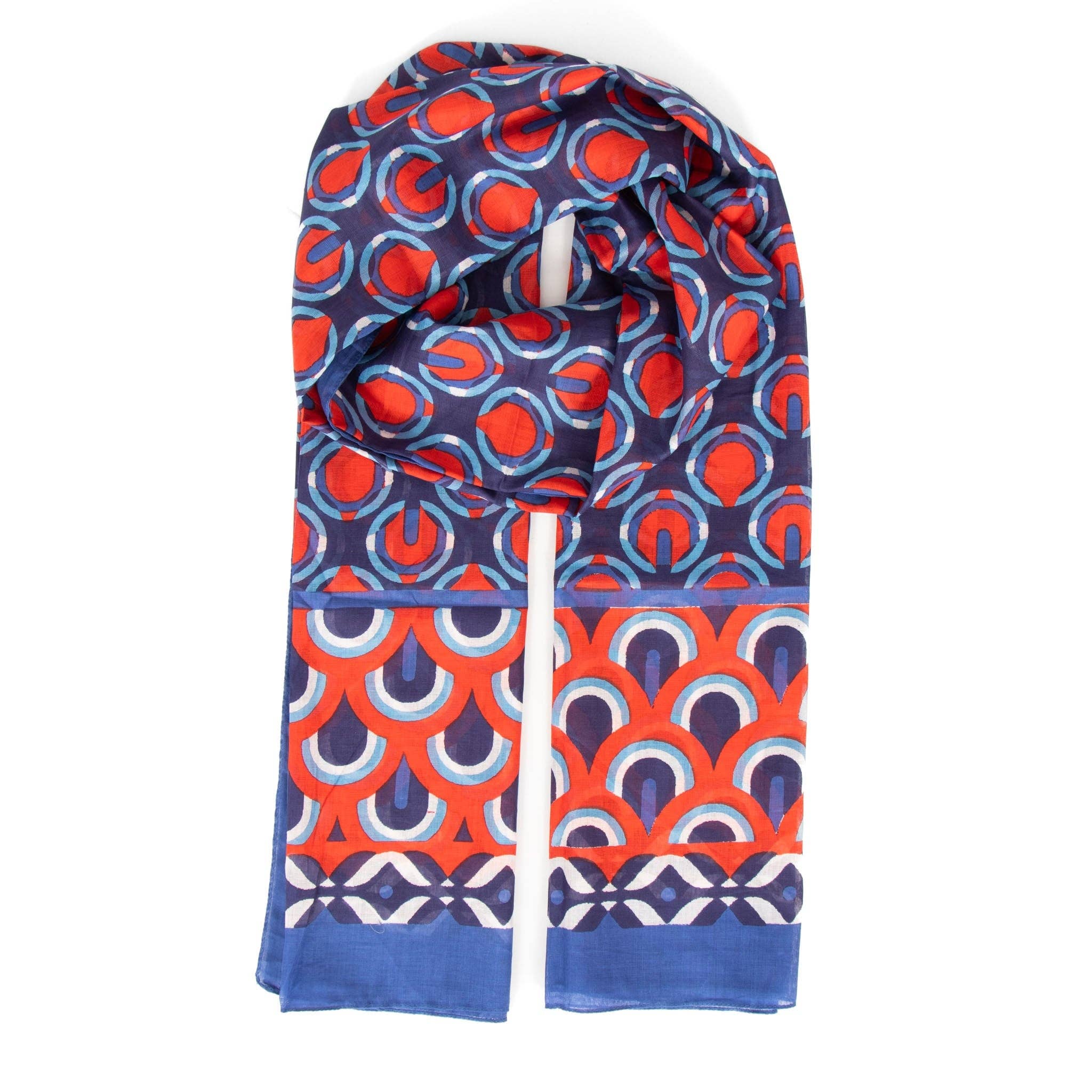 Lightweight Cotton Scarf - Navy/Red, Retro Geometric Print
