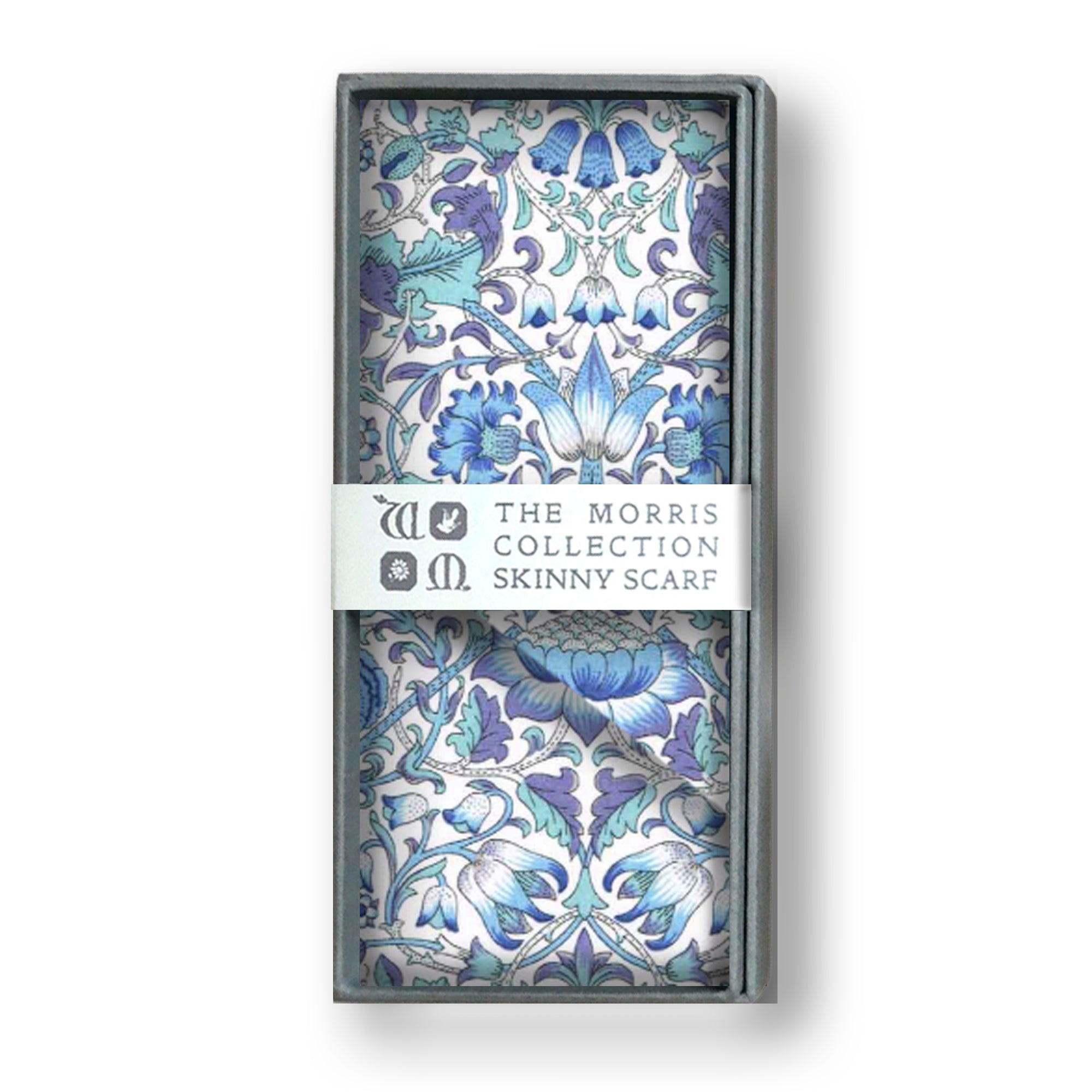 Decorative skinny scarf with floral pattern and 'The Morris Collection' branding.