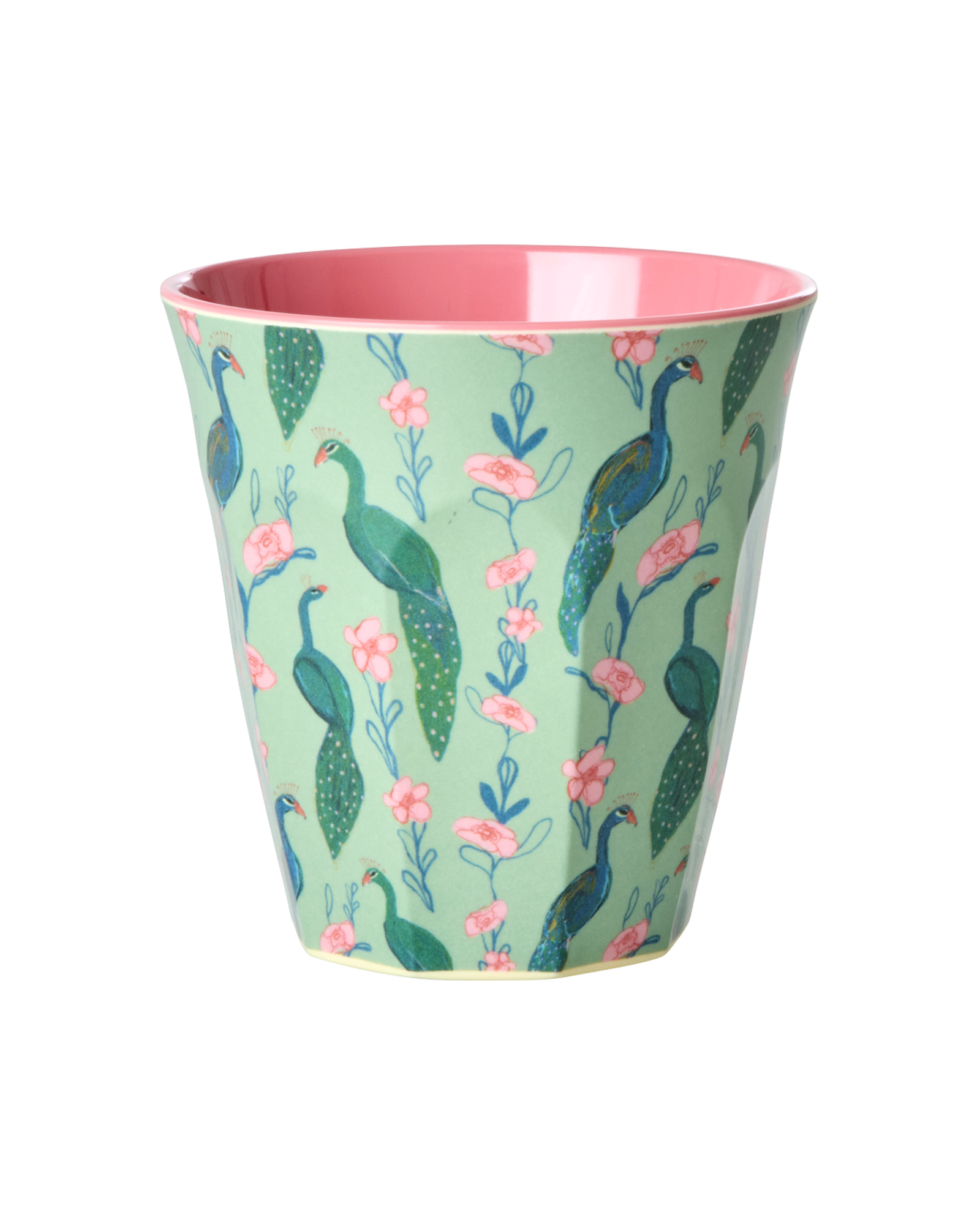 Melamine cup with peacock and floral design on a light green background