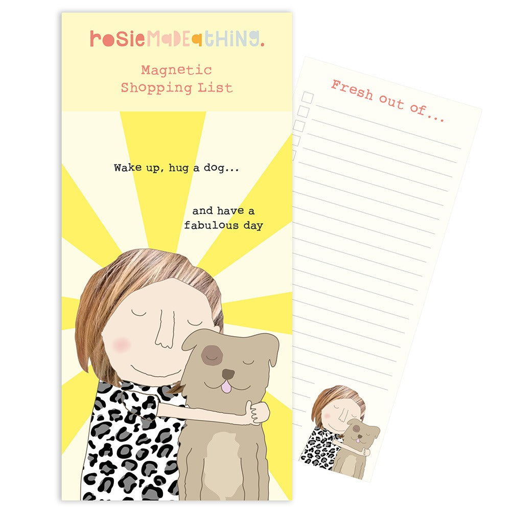 Magnetic shopping list with illustration of a woman hugging a dog on a yellow background