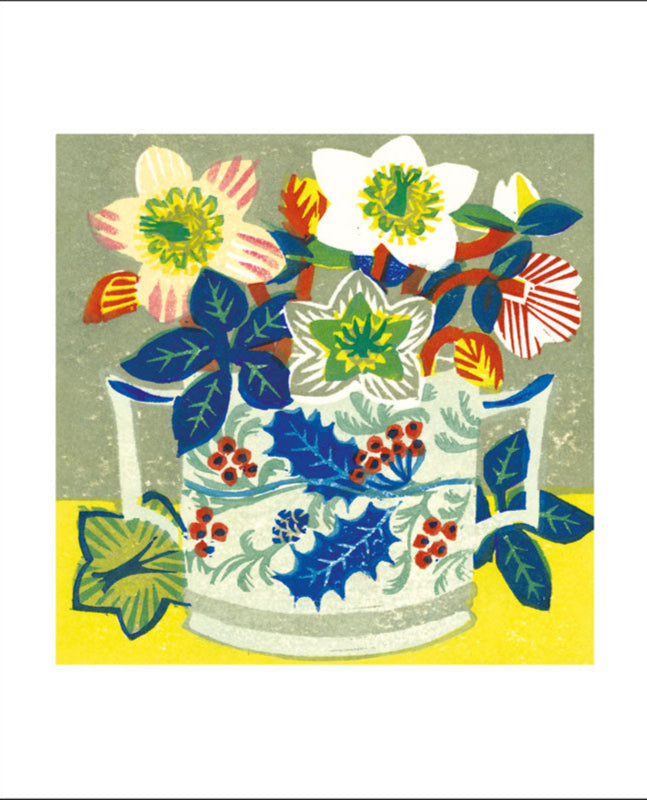 Decorative illustration of a floral arrangement in a mug with a colorful background