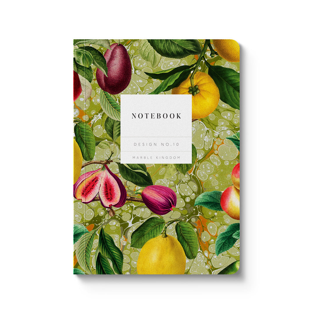 Notebook with a fruit on marble background cover.