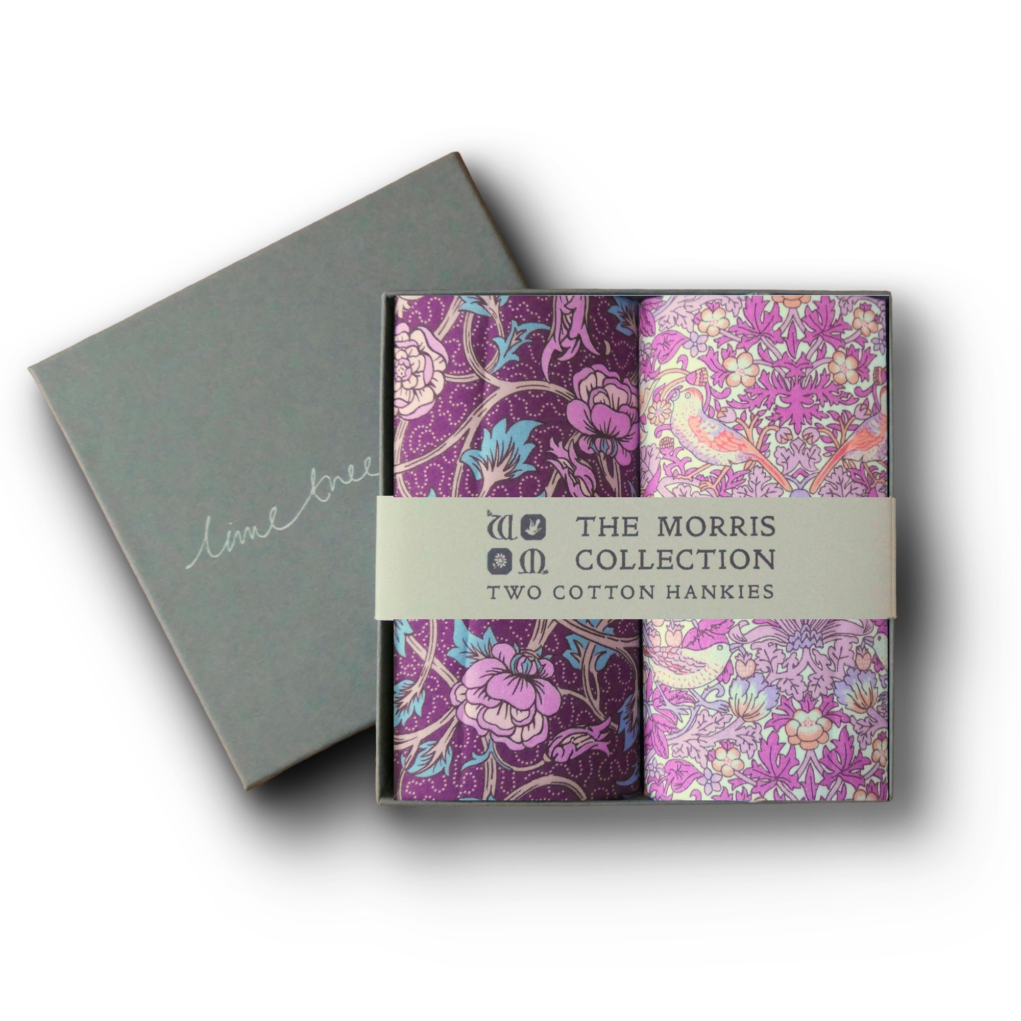 Pack of two floral cotton hankies from The Morris Collection with a grey box on a white background.