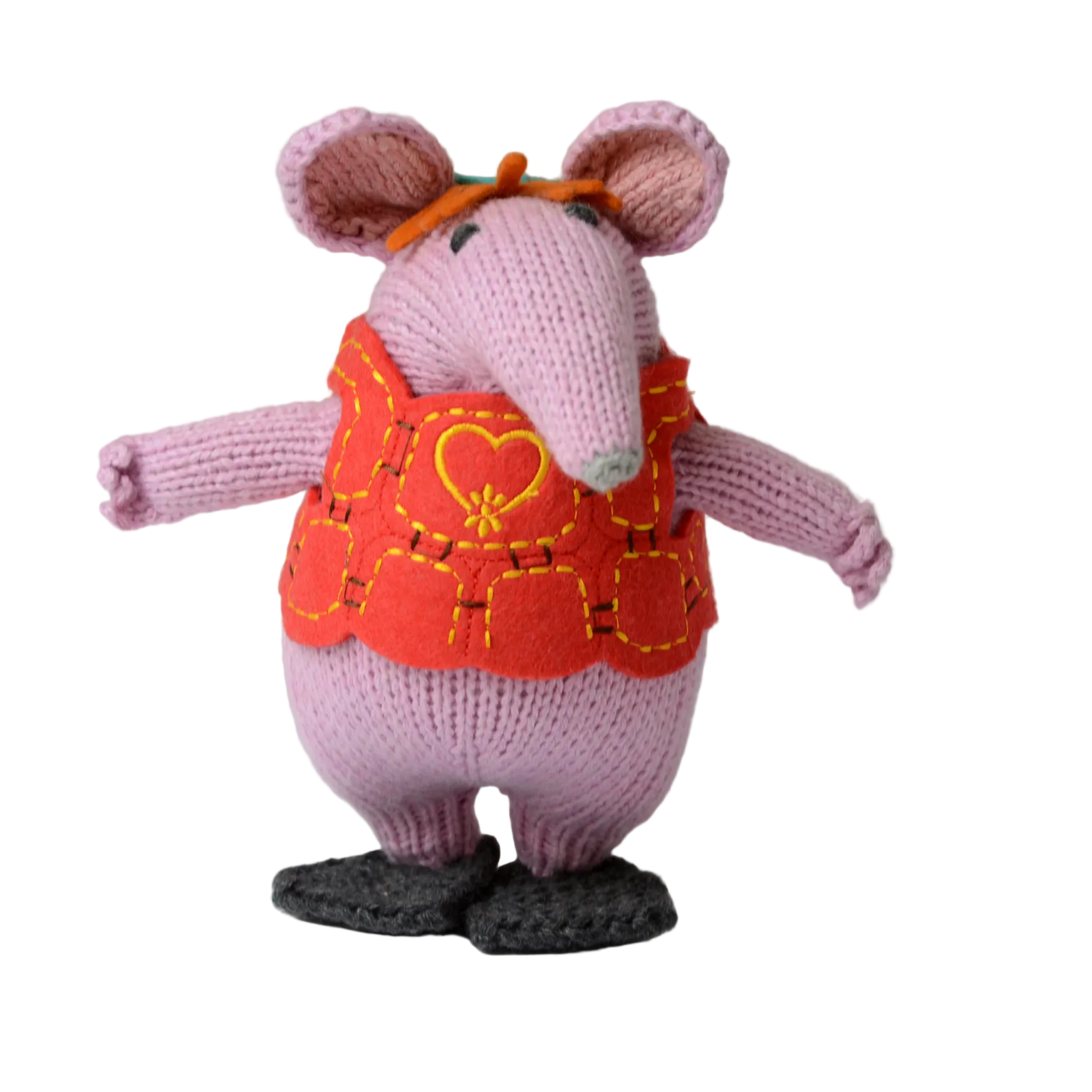 A knitted mouse doll with pink ears and legs, wearing a bright orange-red vest with yellow embroidered details and dark grey shoes, shown centred on a light grey background.