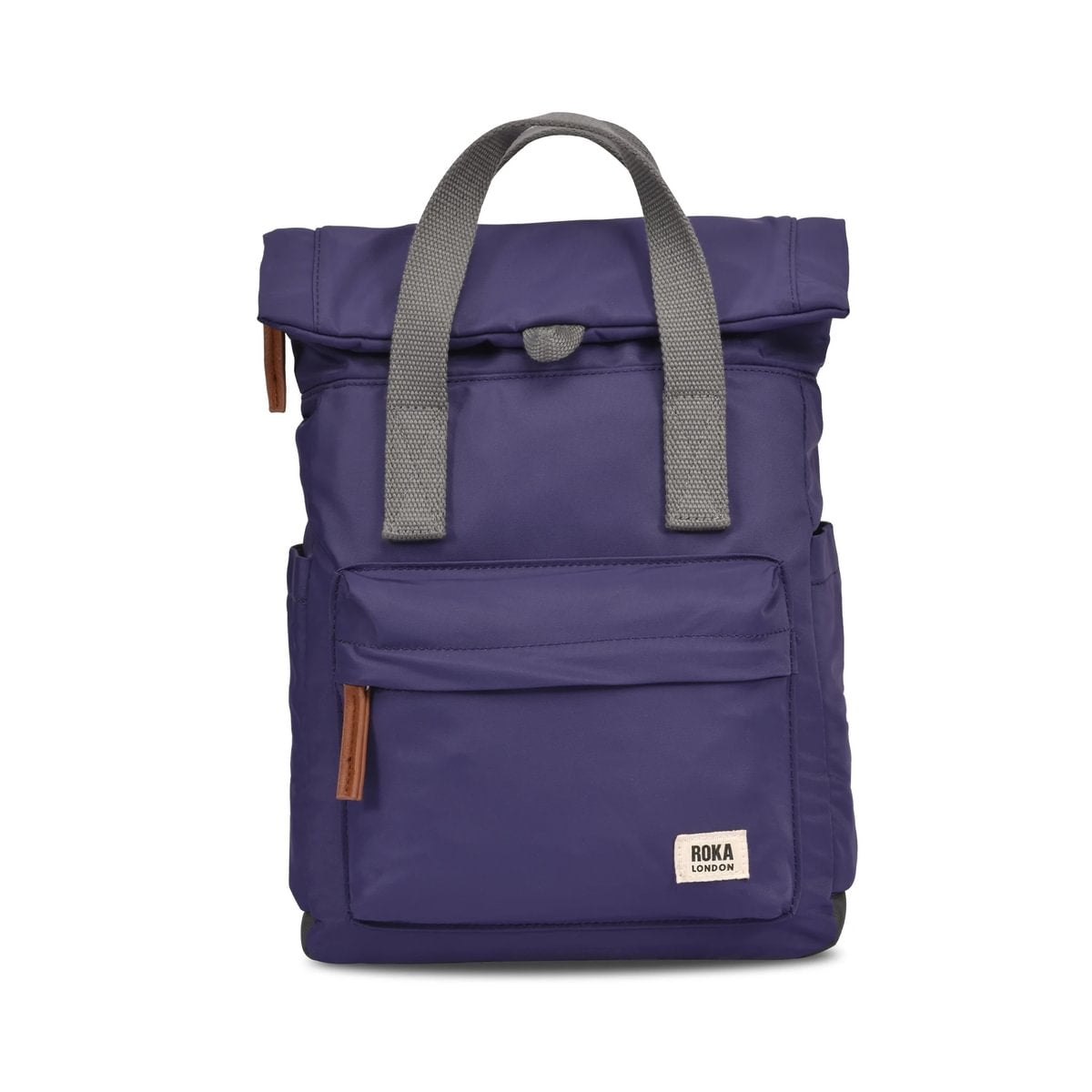 Purple backpack with grey straps on a white background