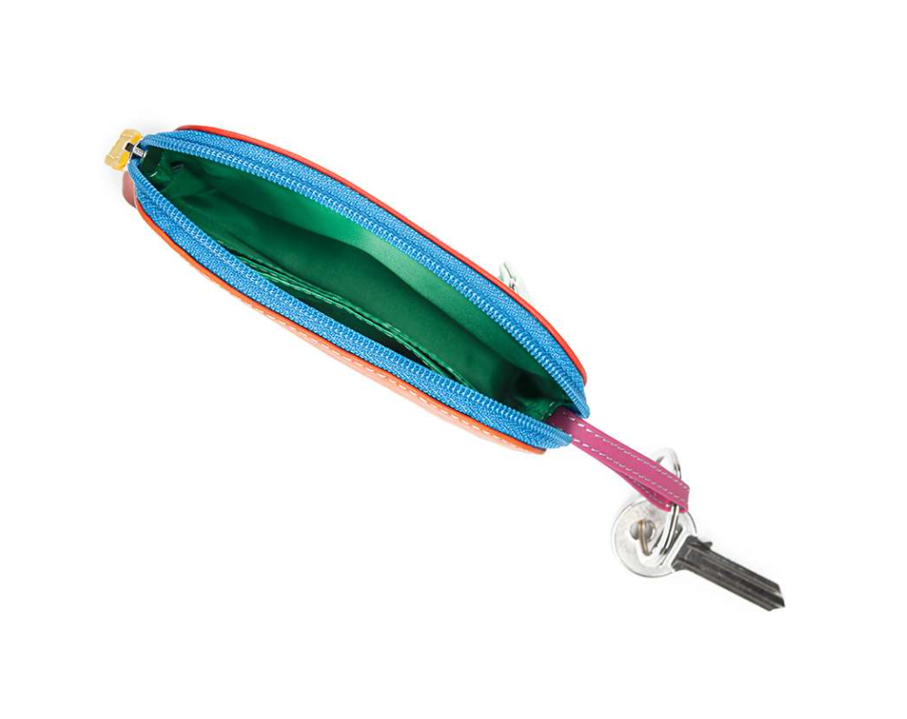 Multicolored zipper pouch with a keychain attachment on a white background