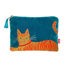 Blue pouch with an orange cat design on a white background