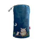 Blue pouch with embroidered owl and kitten design on a white background