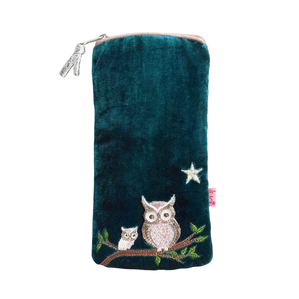 A dark teal velvet zippered pouch featuring embroidered owls on a branch and a white star, shown against a plain white background.