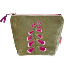 Velvet pouch with pink floral embroidery on a white background