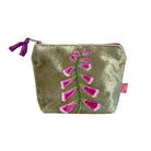 Small pouch with pink floral embroidery on a gold background