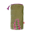 Green pouch with pink floral embroidery on a white background