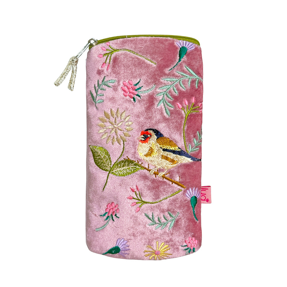 Pink pouch with embroidered birds and flowers on a white background