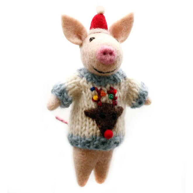 A handmade felted wool pig plush decoration wearing a knitted Christmas sweater and a red Santa hat, set against a plain white background.