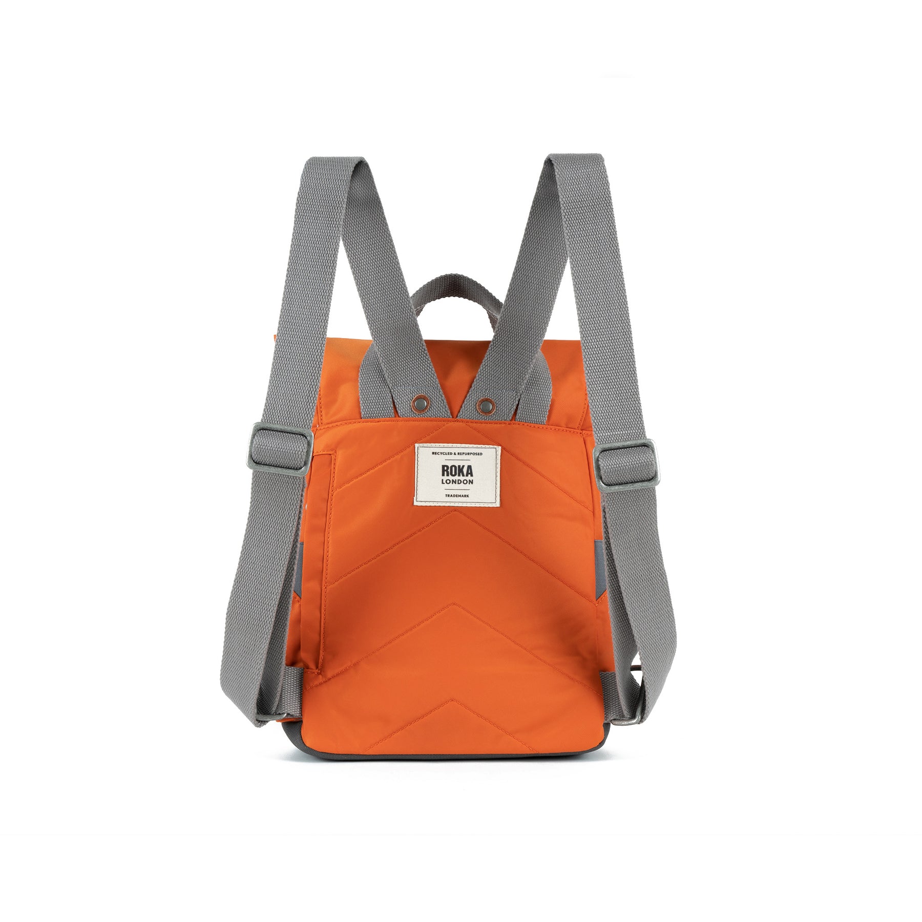 Orange backpack with gray straps on a white background