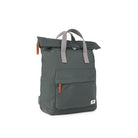 Gray backpack with orange accents on a white background