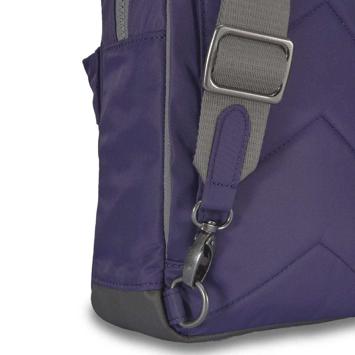 Close-up of a purple bag with gray strap and buckle on a white background