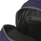 Close-up of a purple and gray backpack zipper on a white background