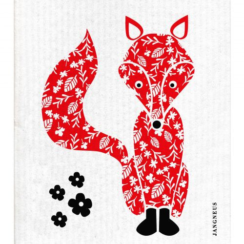 red fox design on a white dishcloth featuring Jangneus branding.