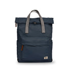 Navy blue backpack with gray straps on a white background