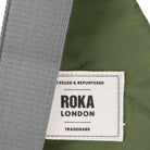 Roka London label on a recycled and repurposed product