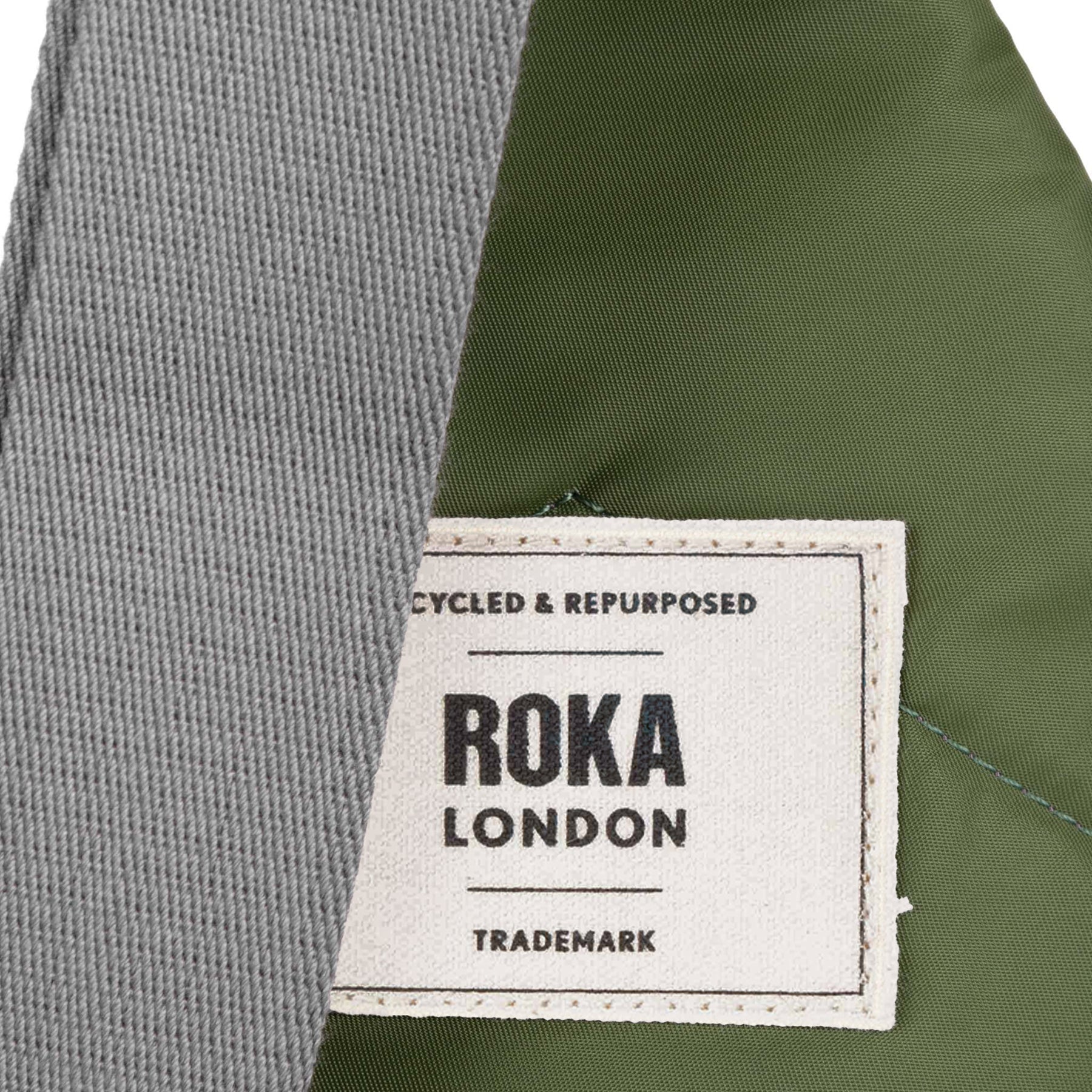 Roka London label on a recycled and repurposed product