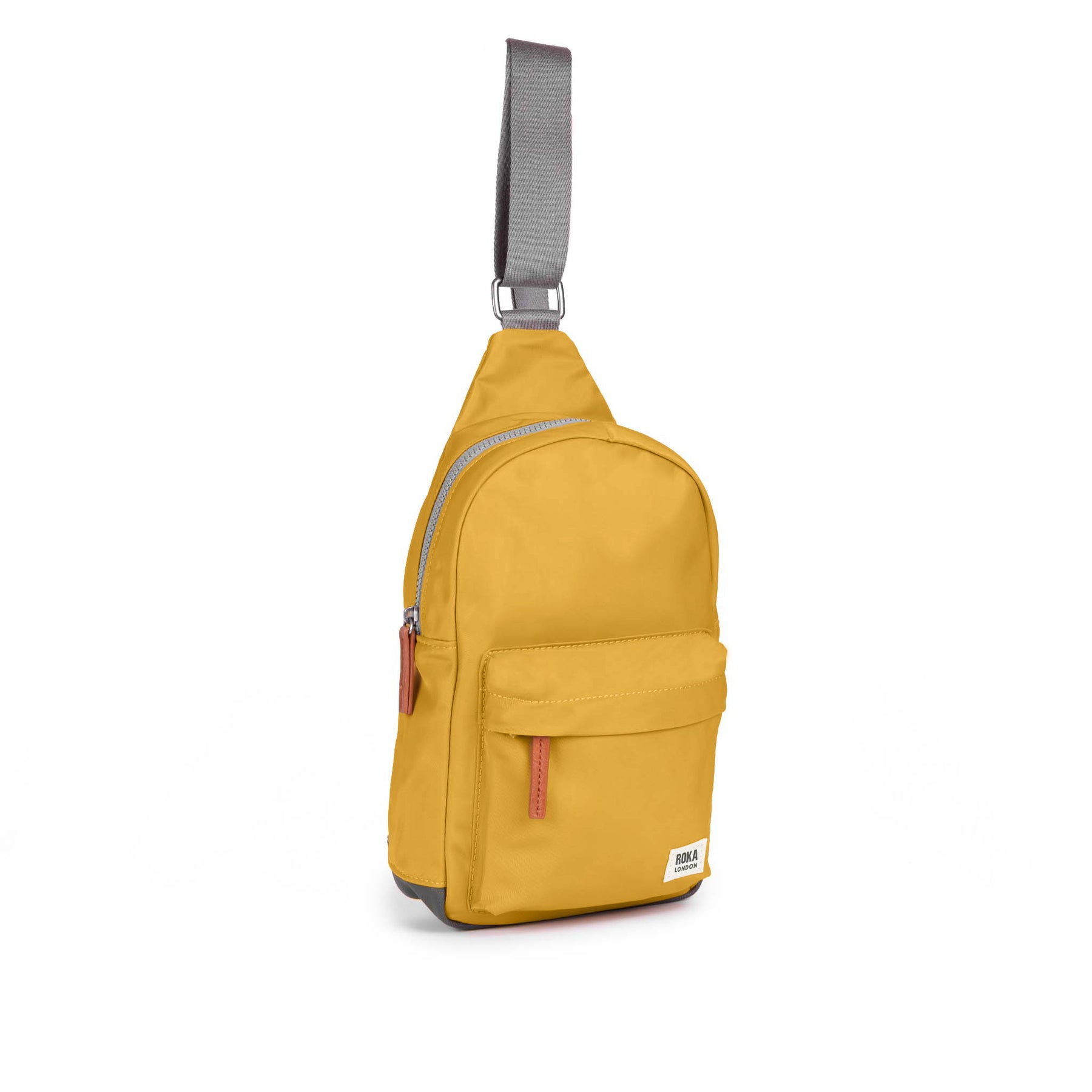 Yellow sling bag with a gray strap on a white background
