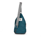 Teal sling bag with gray strap on a white background