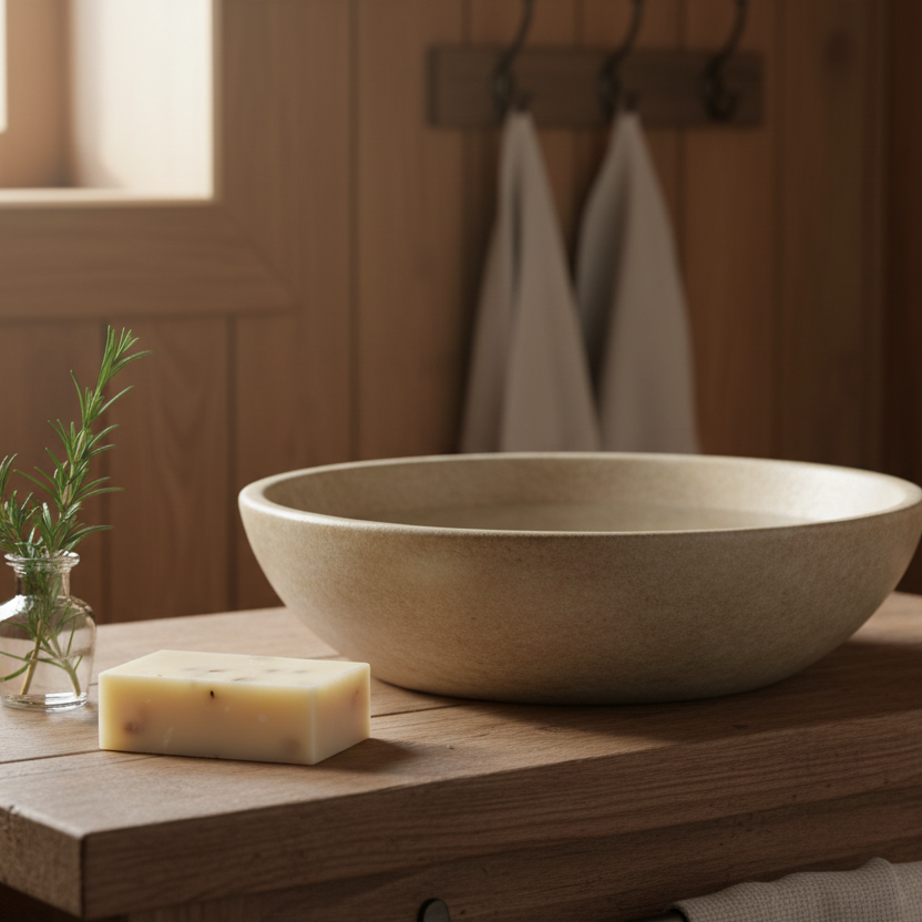 Bathroom vanity with a stone sink, soap, and plant on a wooden surface.