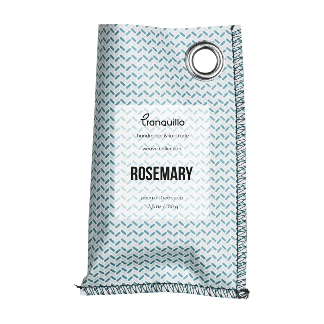 Packaged soap with 'Tranquillo' branding and 'Rosemary' text on a white background