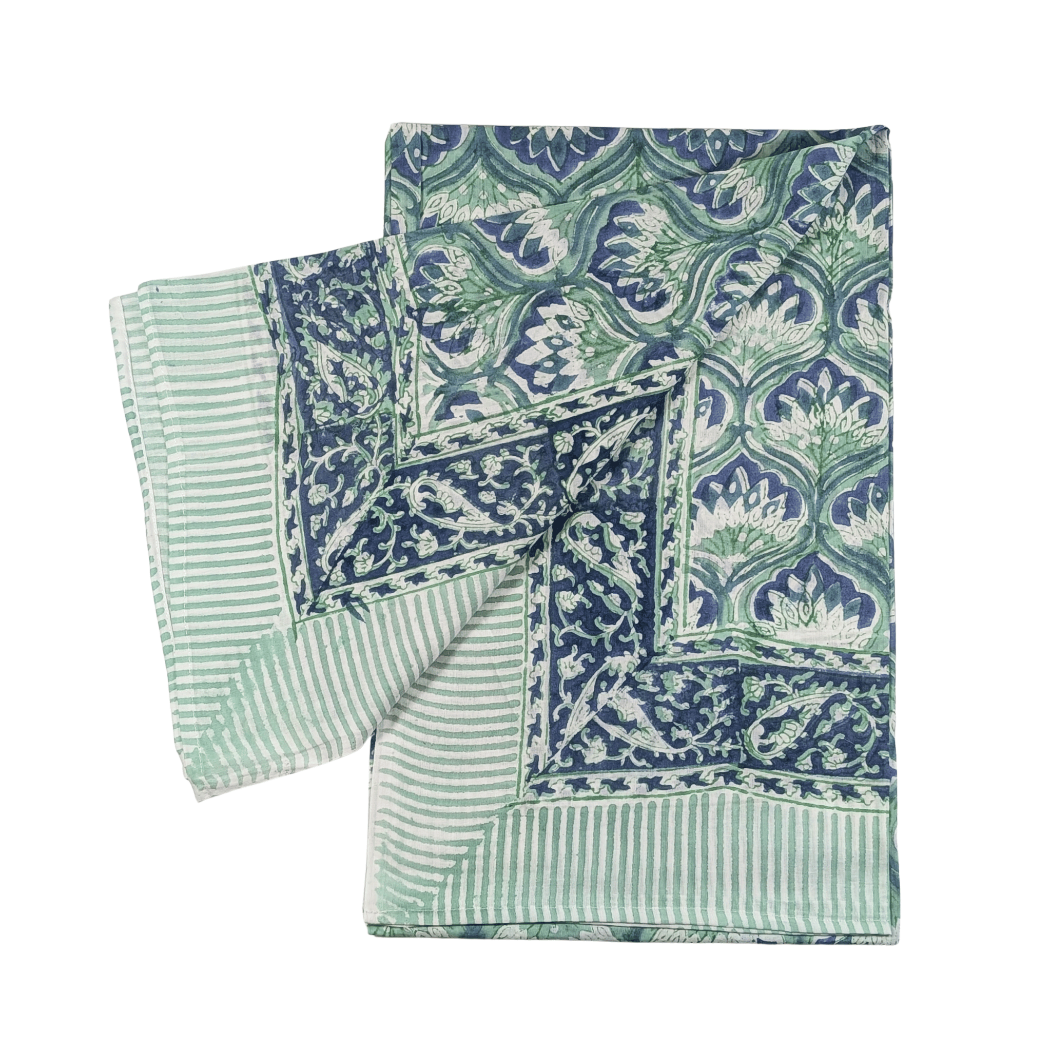Set of green and blue patterned napkins on a white background