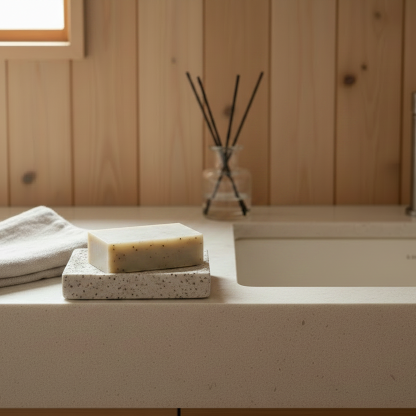 Bar of soap on a stone surface with a wooden wall and faucet in the background