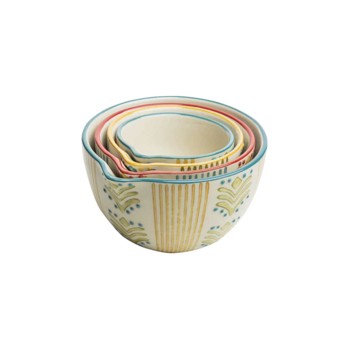 Set of four colorful ceramic jugs stacked on a white background