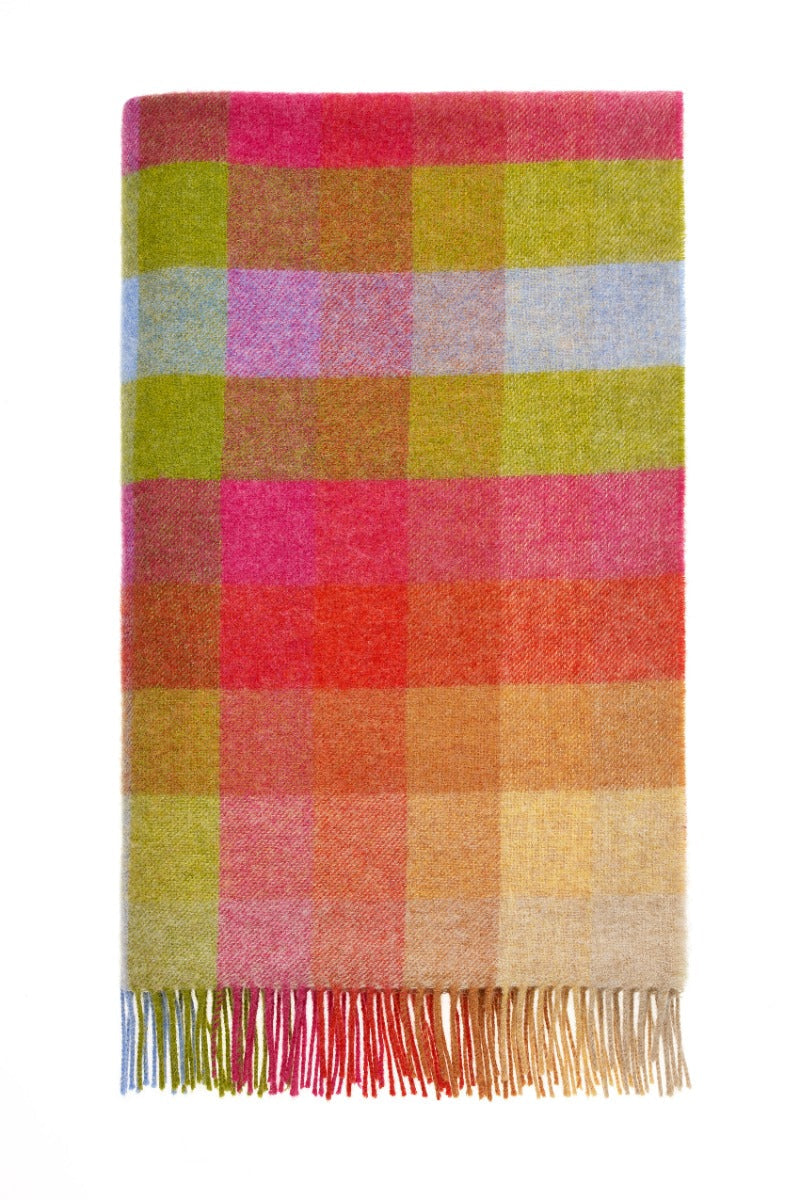 Multicolored checkered blanket with fringes on a white background